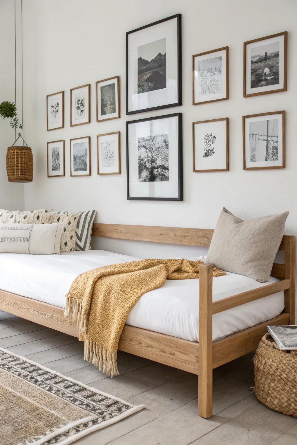 Make a daybed feel like a styled lounge—hang a full-height gallery wall above it.