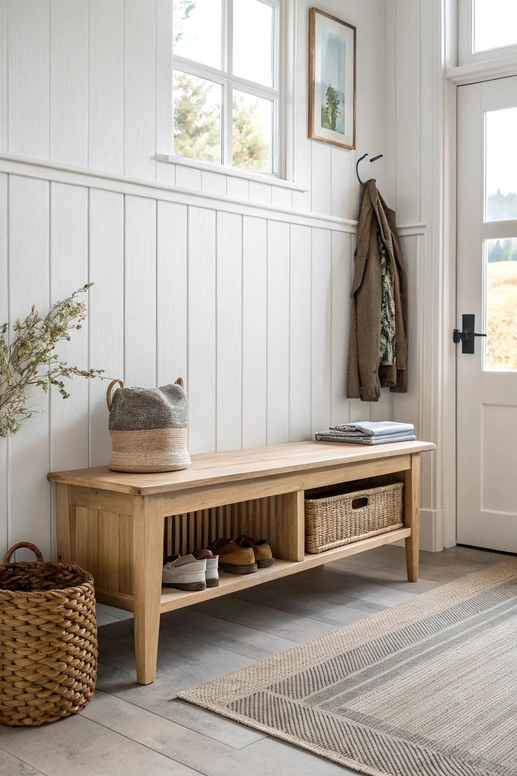 A pretty-but-tough oak mudroom bench that makes the entry feel like intentional decor.