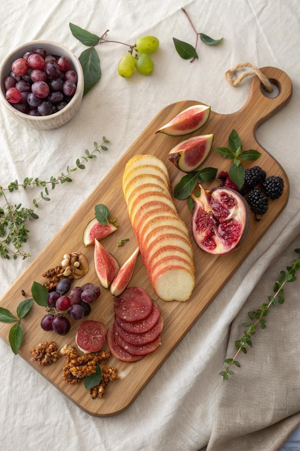 Seasonal harvest ombré: pears to grapes on a minimalist oak board that guests can’t stop photographing.