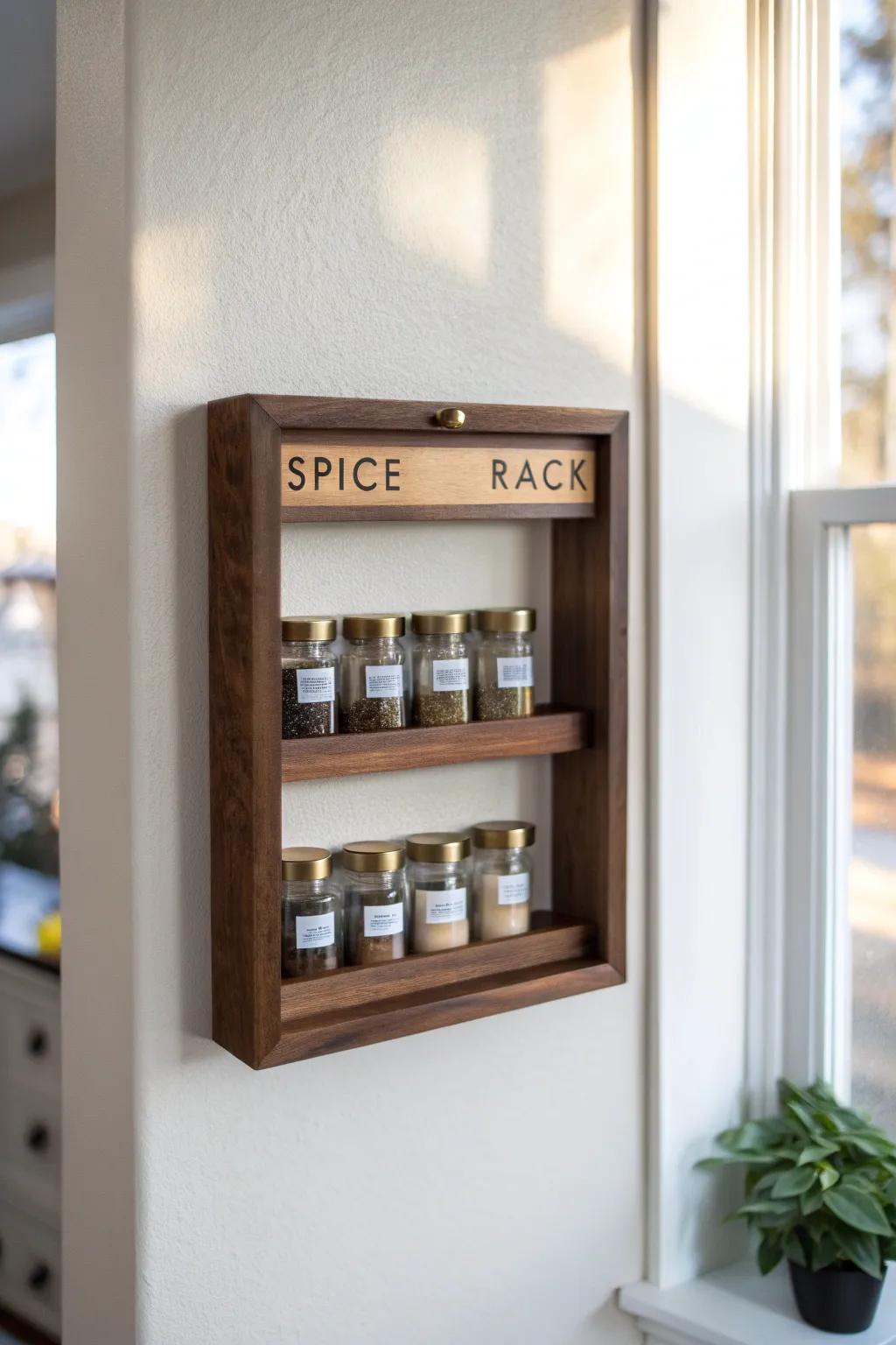 A picture-frame spice rack that turns everyday jars into wall art—dark wood and brass details.