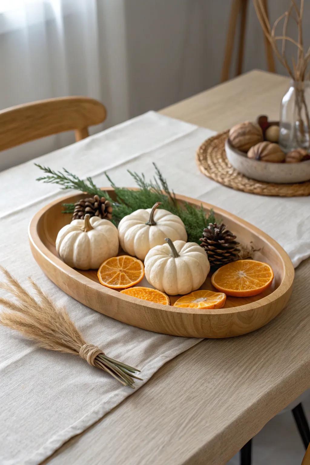 One tray, endless seasons—swap pumpkins, pine, or citrus for a fresh table moment.