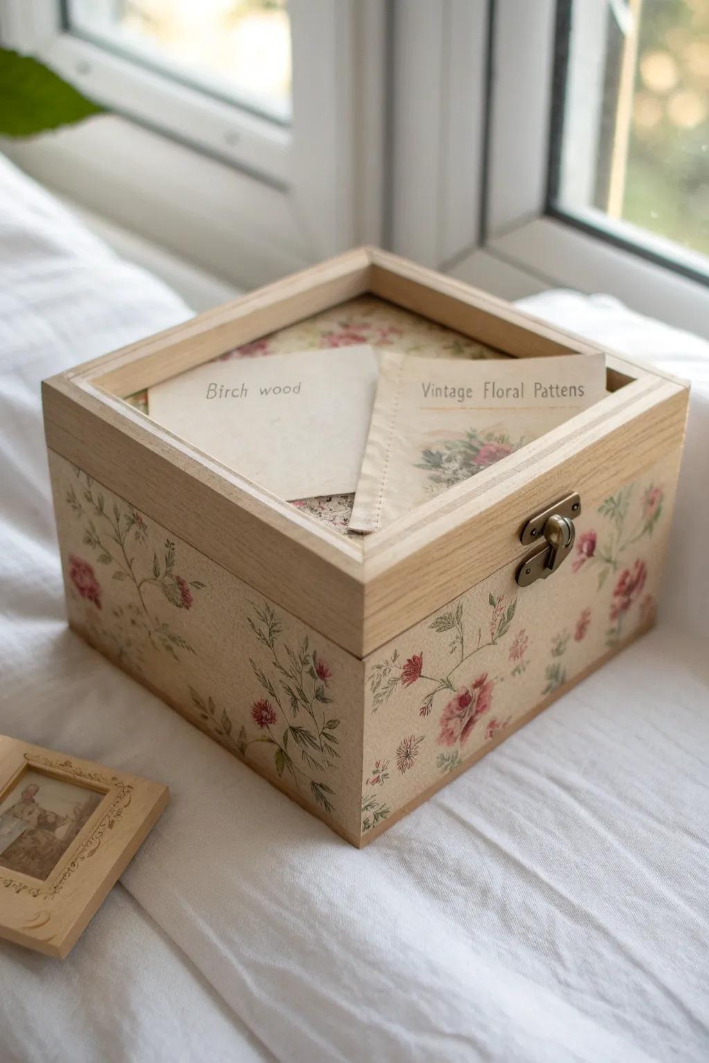 Vintage-paper decoupage memory box—matte, cozy, and timeless with minimalist Nordic charm.
