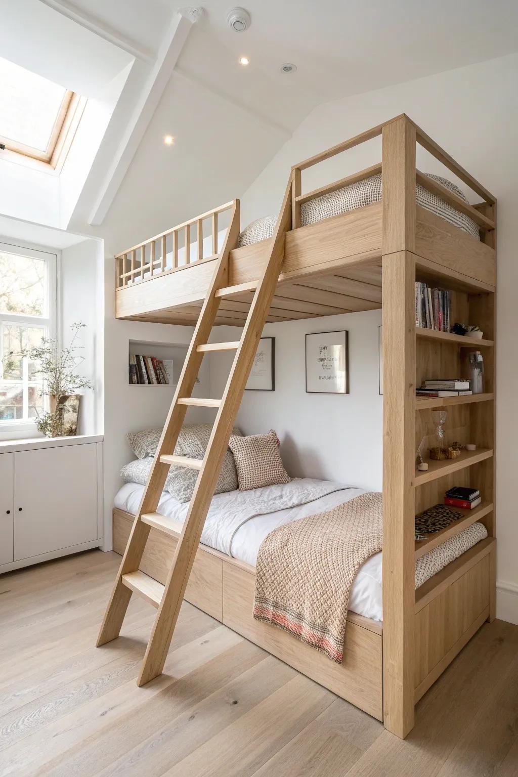 A library-ladder loft bunk that turns vertical space into a clean, crafted designer feature.