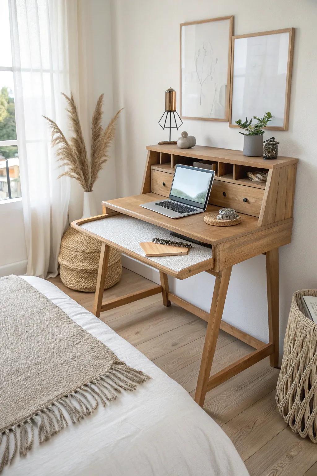 A two-tier desk behind the bed—kept lower than the headboard to hide clutter beautifully.