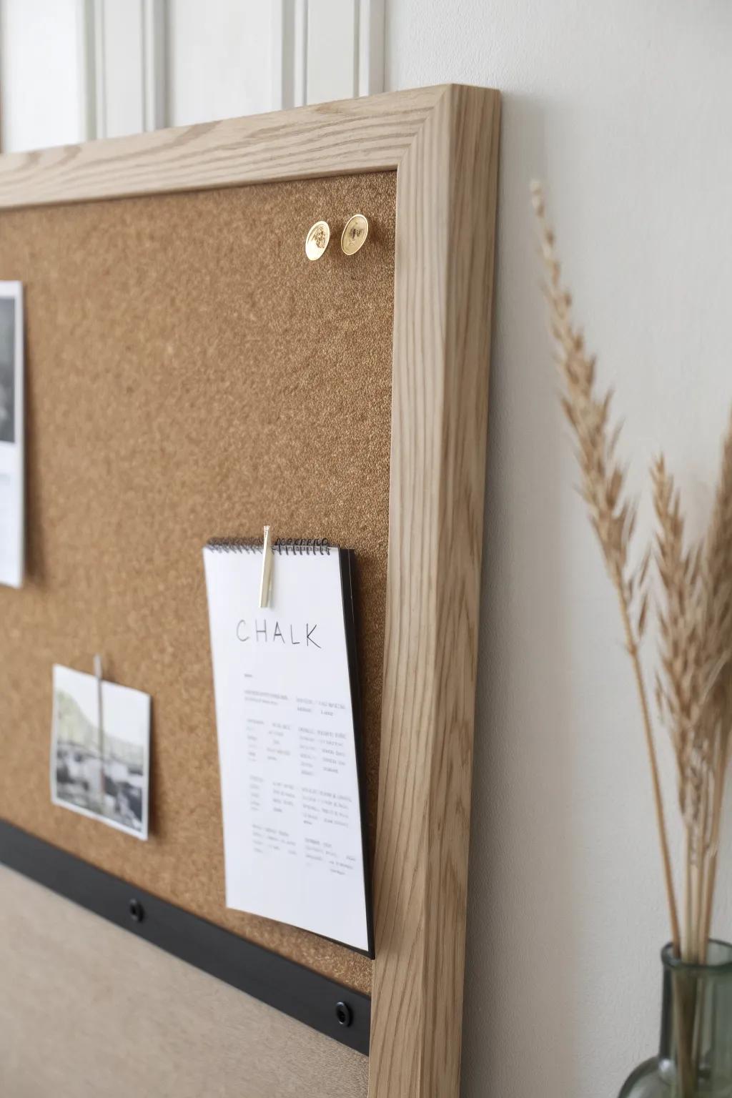 Bulletin board + slim chalk strip: pin the plans, scribble today’s reminders in one calm spot.