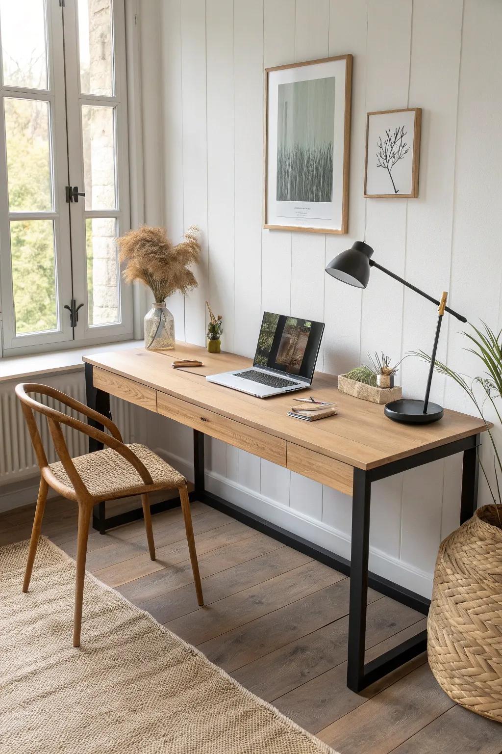 Two-person wall desk with a slim divider—warm wood craftsmanship, minimalist and tidy.