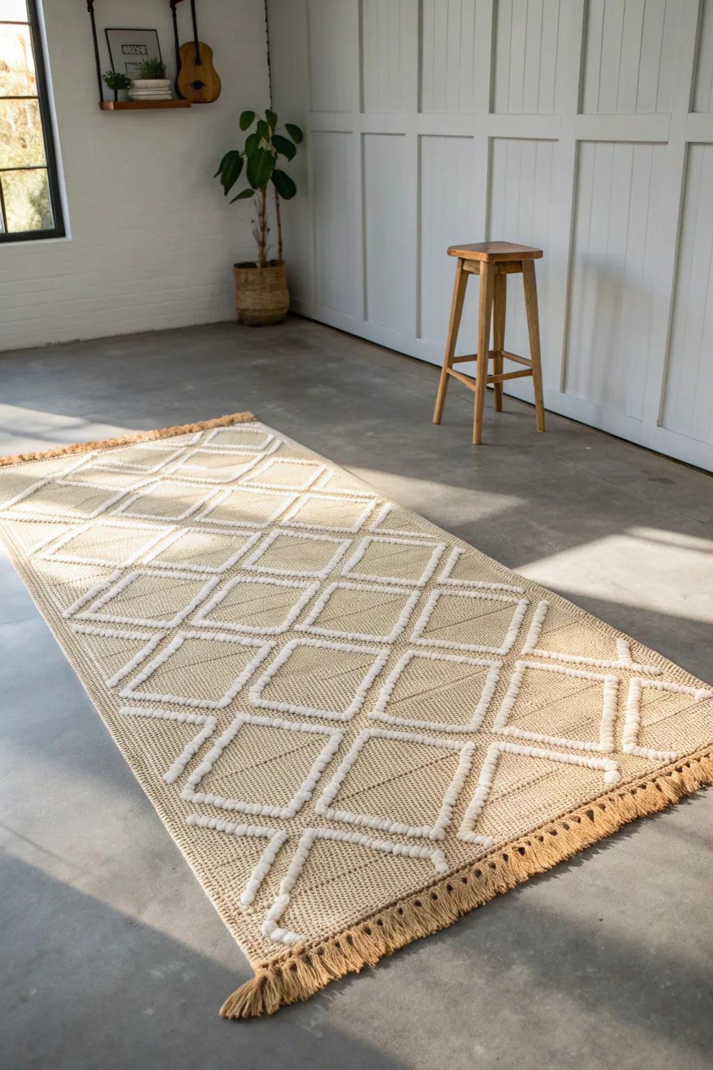 Rug-defined cozy zone on rugged concrete—minimal, warm, and made for man cave comfort.