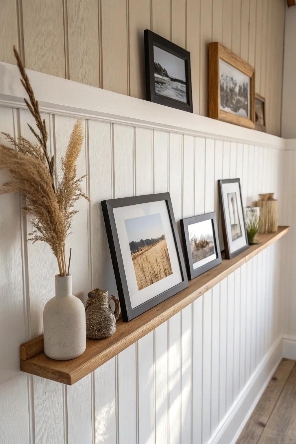 Board-and-batten texture + an oak picture ledge turns your dining wall into a calm gallery nook.