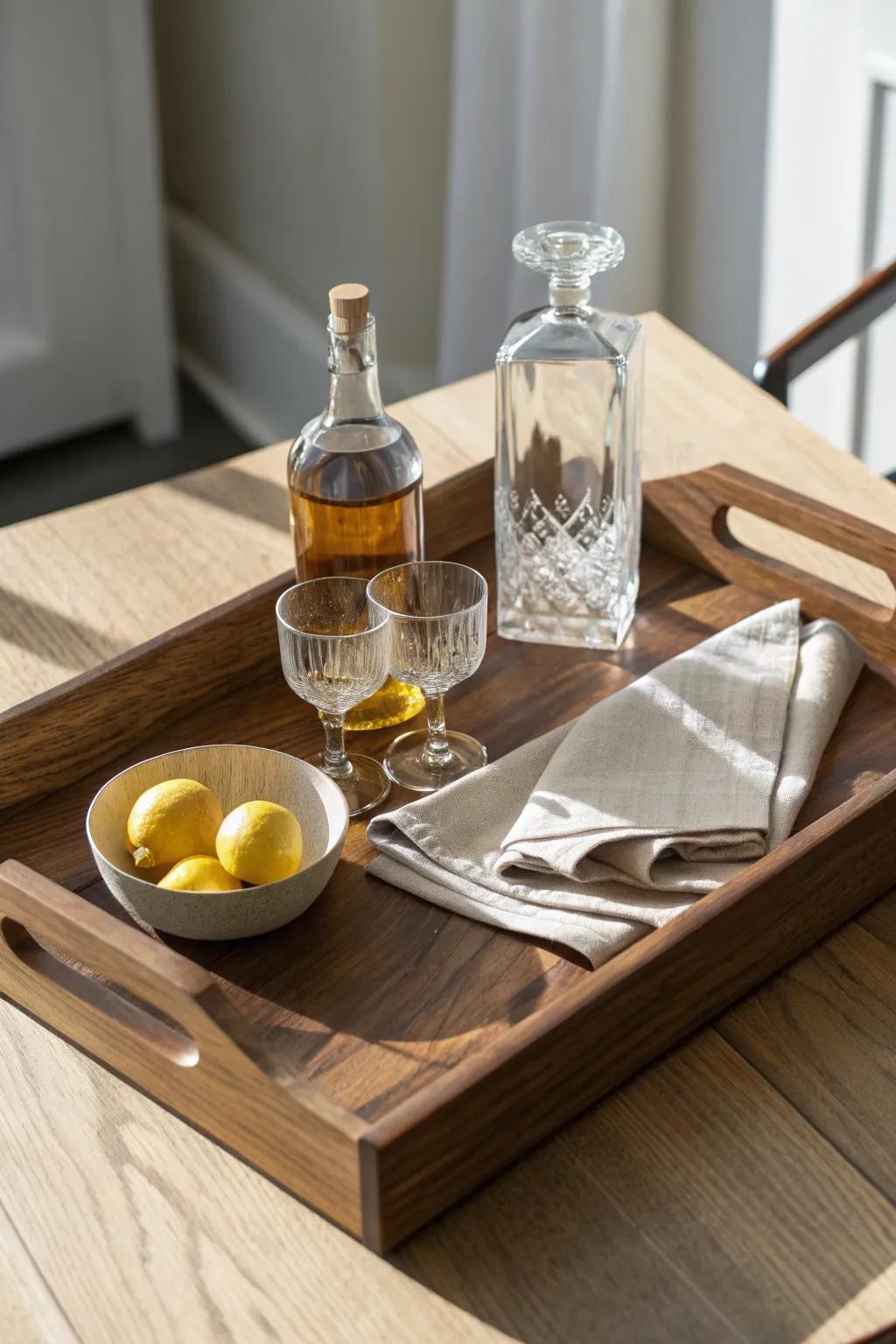 Simple bar tray styling: warm wood, a few bottles and glasses, plus citrus for a fresh finish.