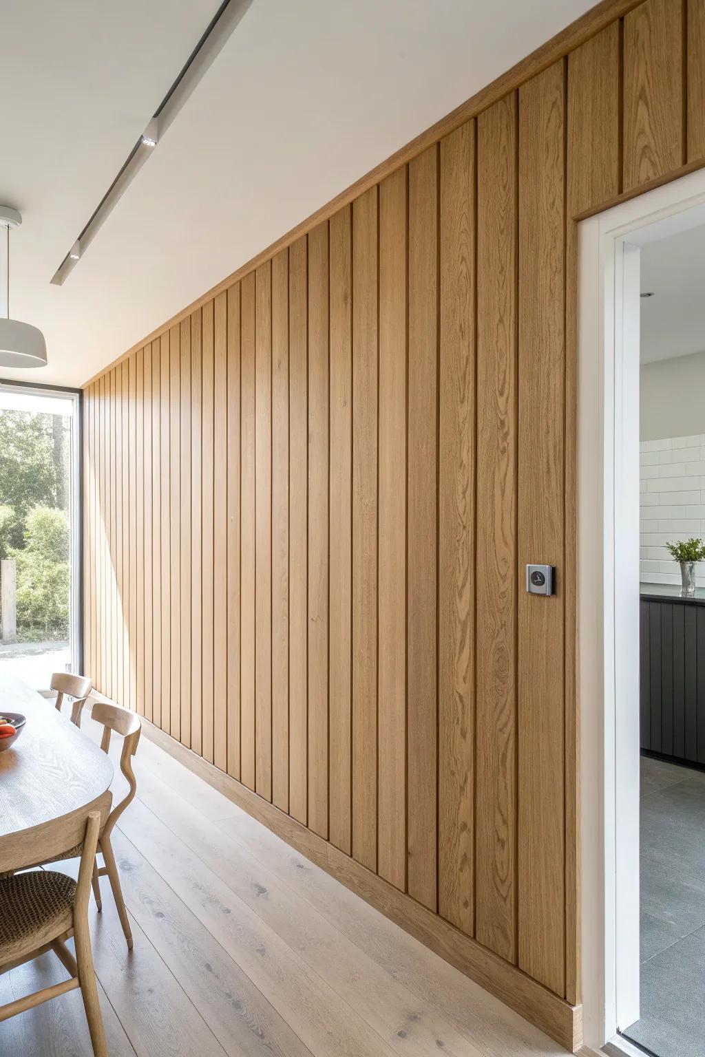 Floor-to-ceiling oak panels add instant height and a finished feel—minimal, warm, timeless.