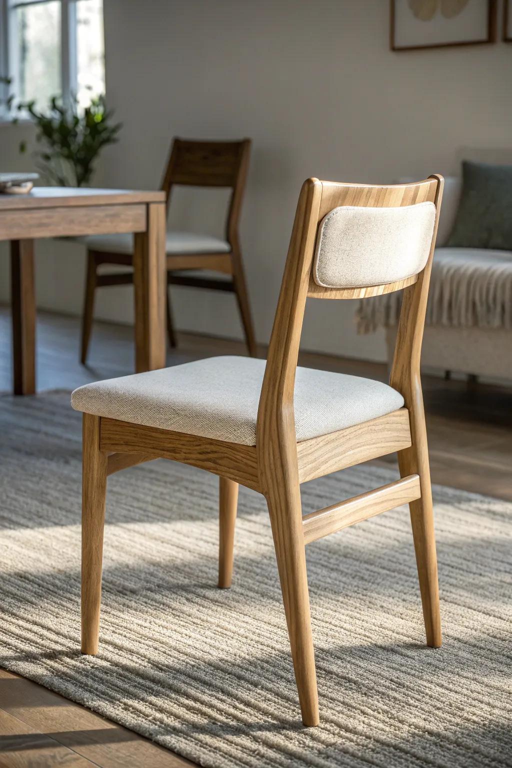 Upholstered oak dining chair for lounge comfort—made for lingering dinners and cozy chats.