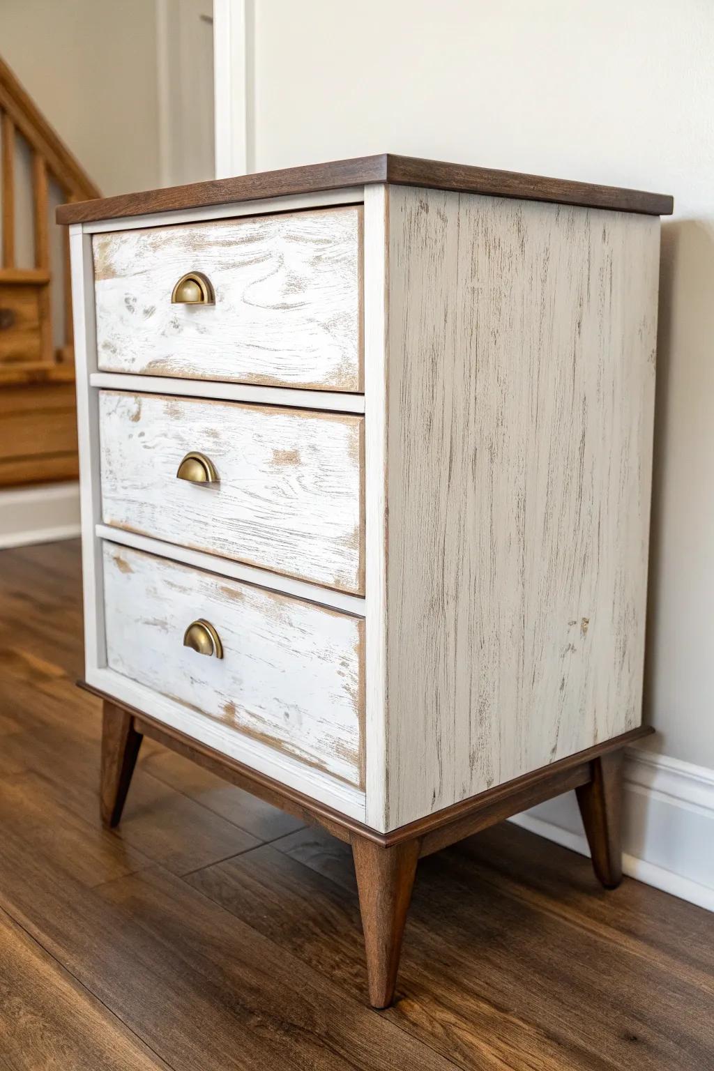 High-contrast white paint sanded to dark walnut—natural wear on edges and brass pulls.