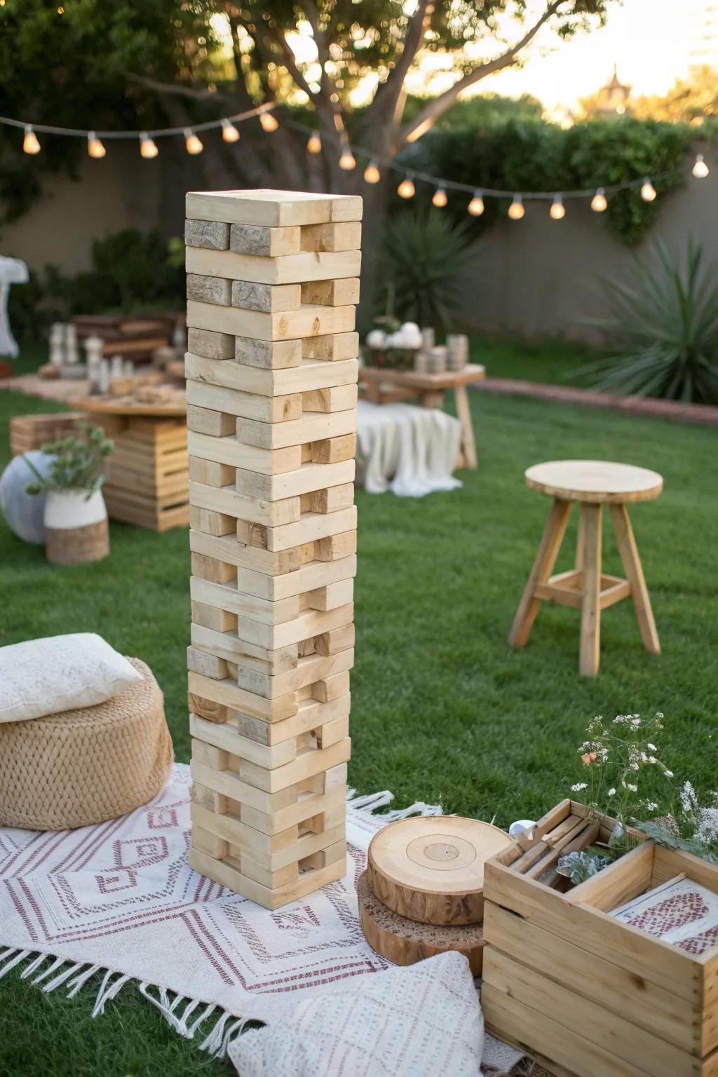 Elevate your outdoor gathering with a giant Jenga game—where simplicity meets fun in the most stylish way!