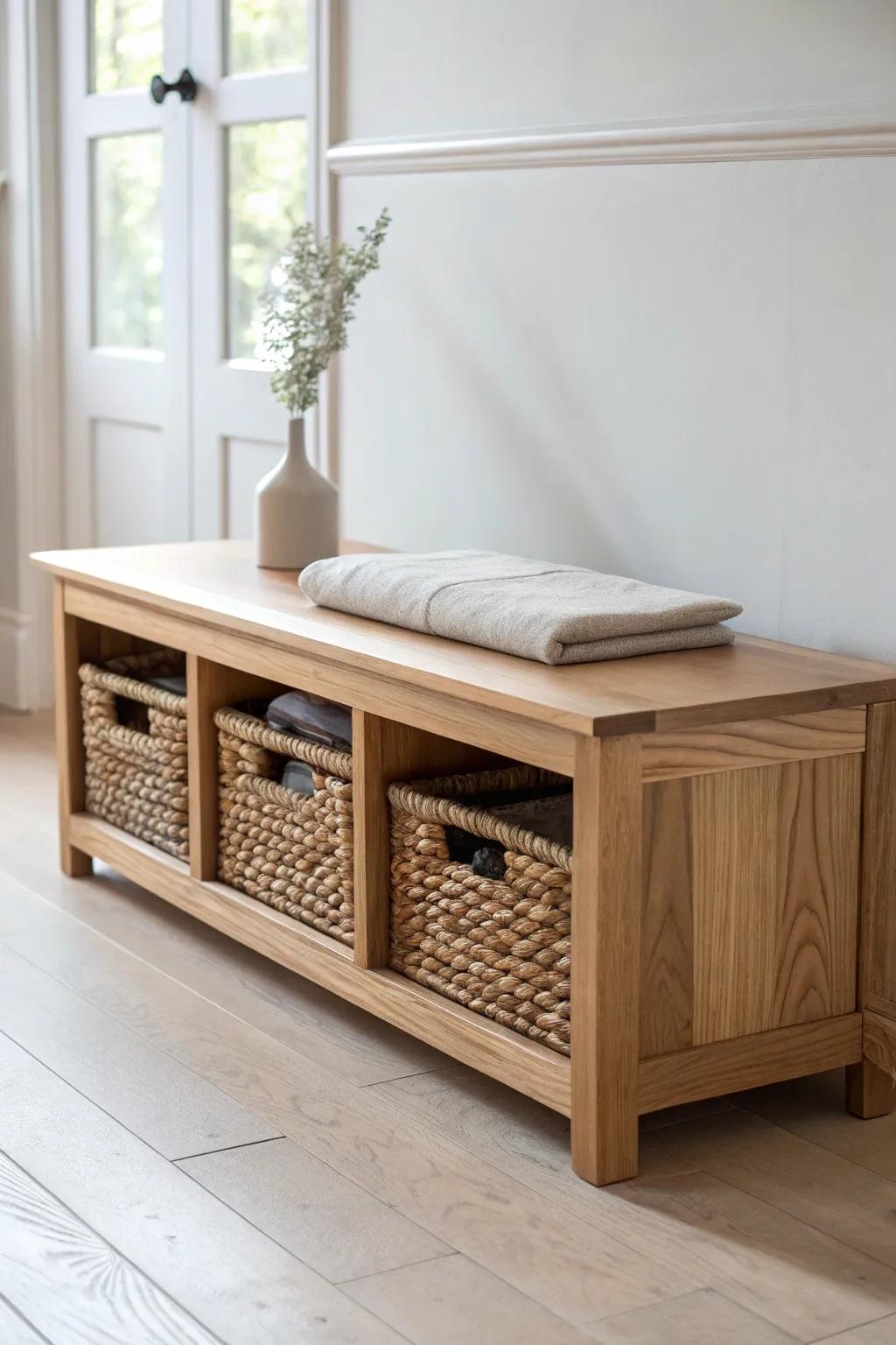 Light oak storage bench with basket cubbies—hide clutter fast and keep the bedroom calm.