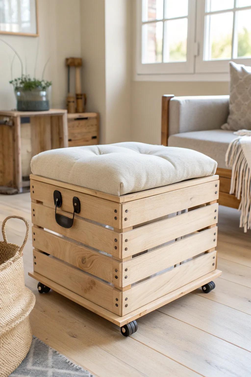 Rolling crate ottoman with hidden storage—clean Scandinavian lines with a soft boho touch.