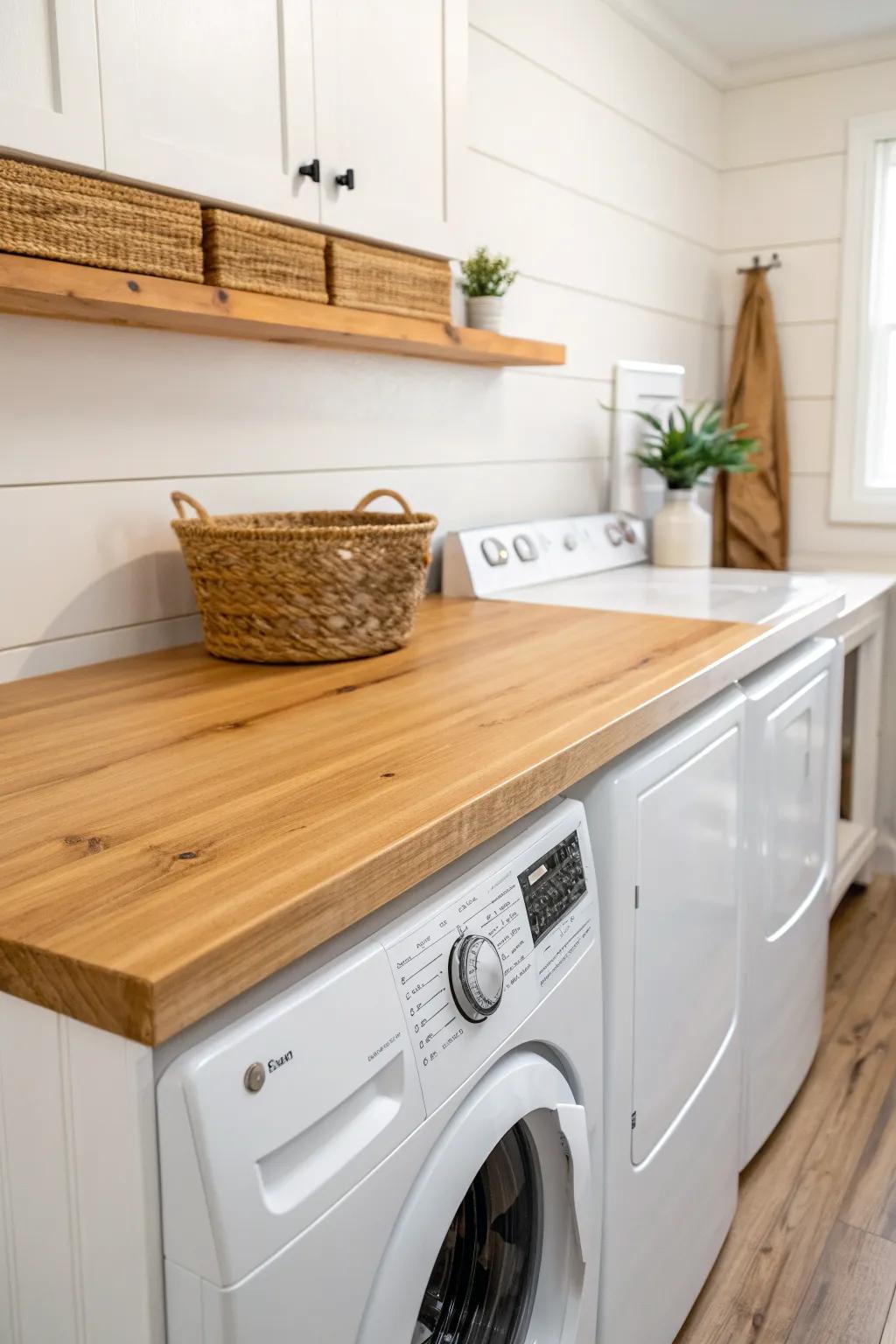 Warm butcher block folding counter turns laundry day into a calm, crafted ritual.