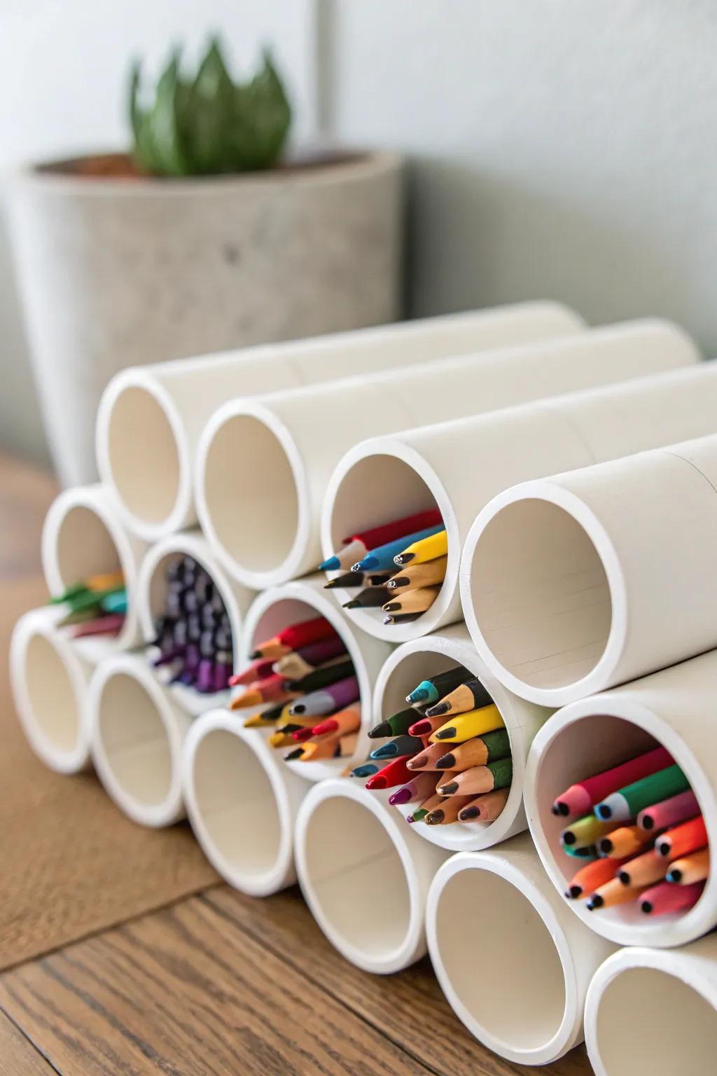 Effortlessly organize your crayons with this chic DIY PVC pipe storage solution, blending minimalist design with vibrant functionality.