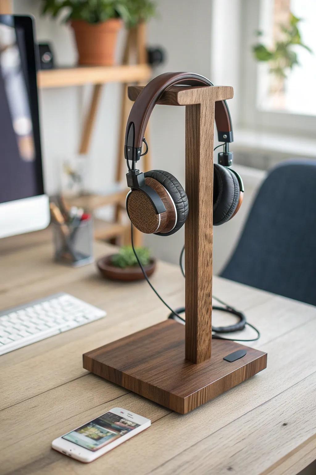 A sleek double-decker DIY stand that keeps two headphones tidy with handcrafted wood warmth.