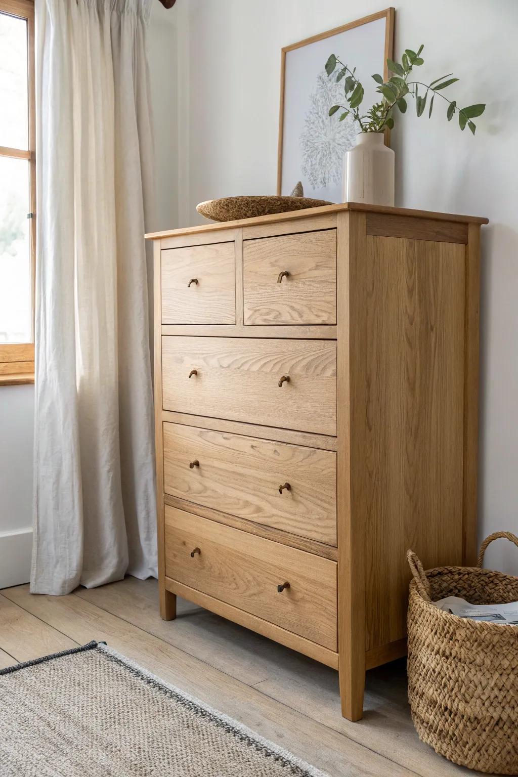 Add thin wood trim to drawer fronts for an instant Shaker-style dresser upgrade.