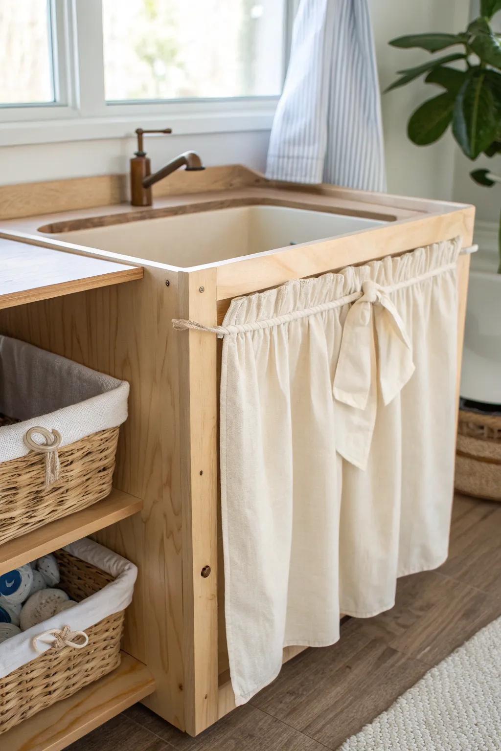 Soft linen curtain sink storage makes a DIY play kitchen feel cozy, tidy, and farmhouse sweet.