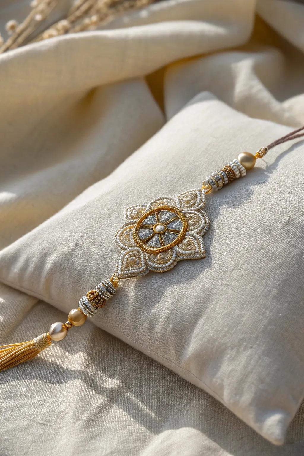 Gleam and grace: A zari rakhi that combines minimalist elegance with bohemian charm.