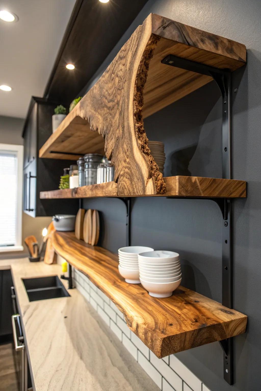 Elevate your space with the timeless charm of live edge wood shelves. Each piece tells a story.