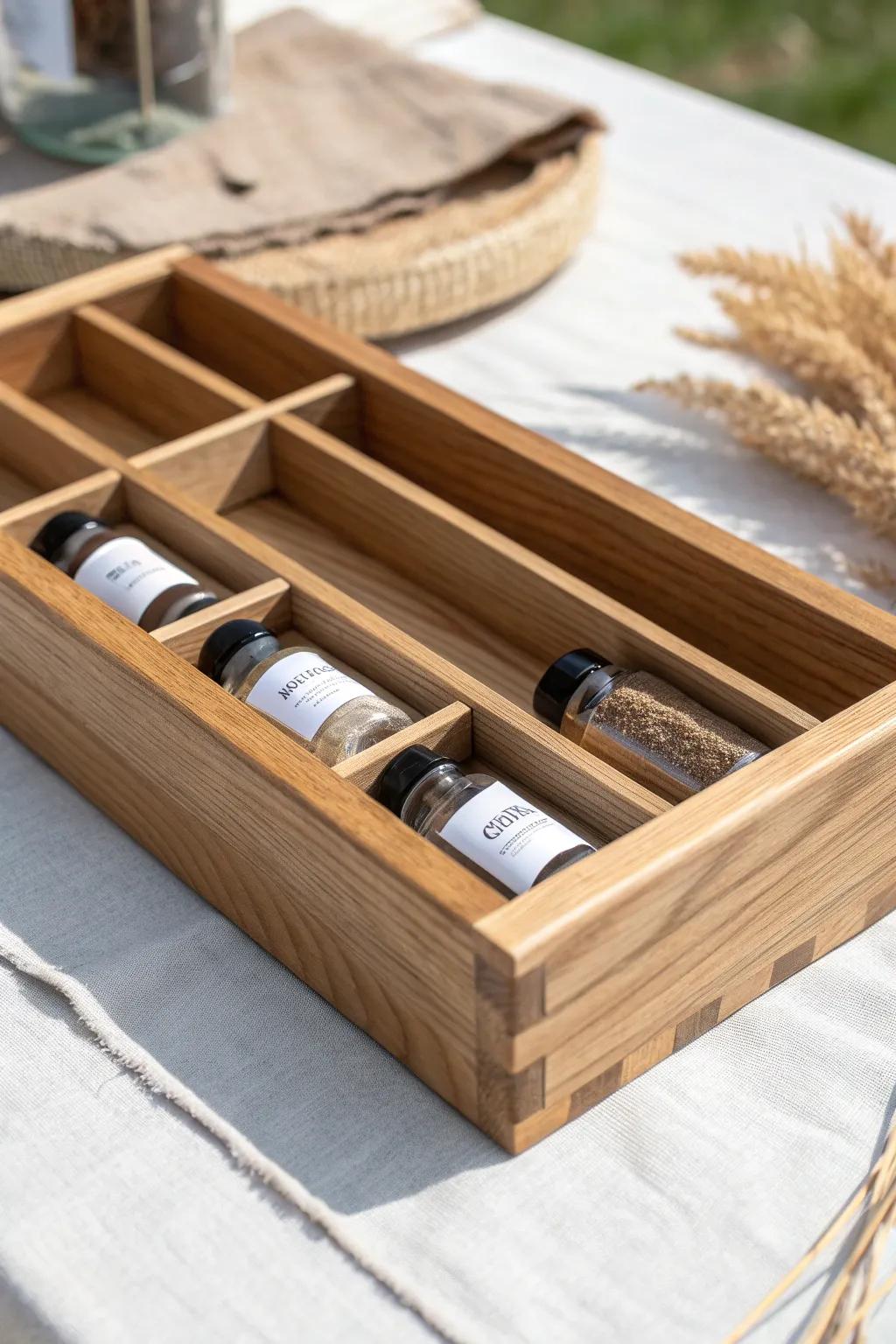 Angled oak drawer insert keeps spices readable and tidy—Scandi-minimal, handcrafted charm.