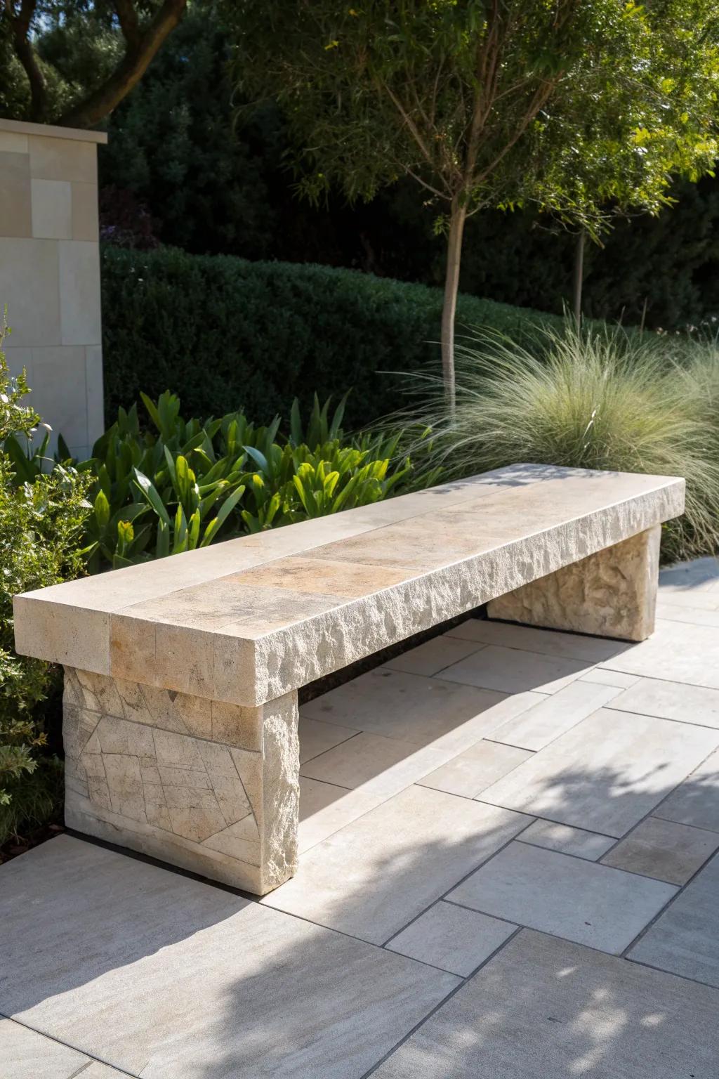 Elevate your outdoor space with this modern floating stone bench design.