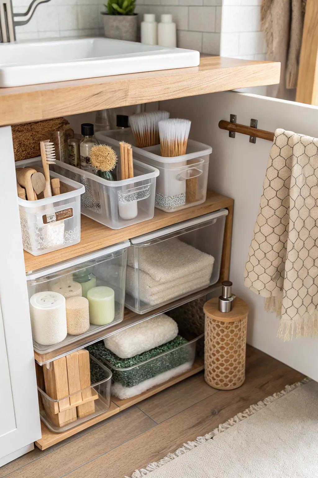 Transform your under-sink space into a serene, organized oasis with clear containers that blend minimalist charm and boho warmth.