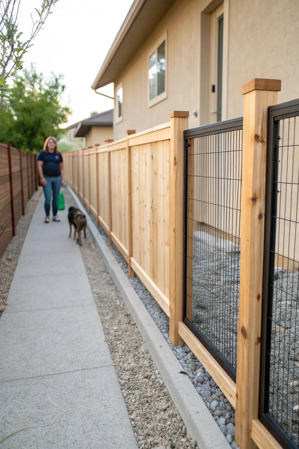 A slim side-yard dog run: warm cedar posts, sleek wire panels, and easy-clean gravel.