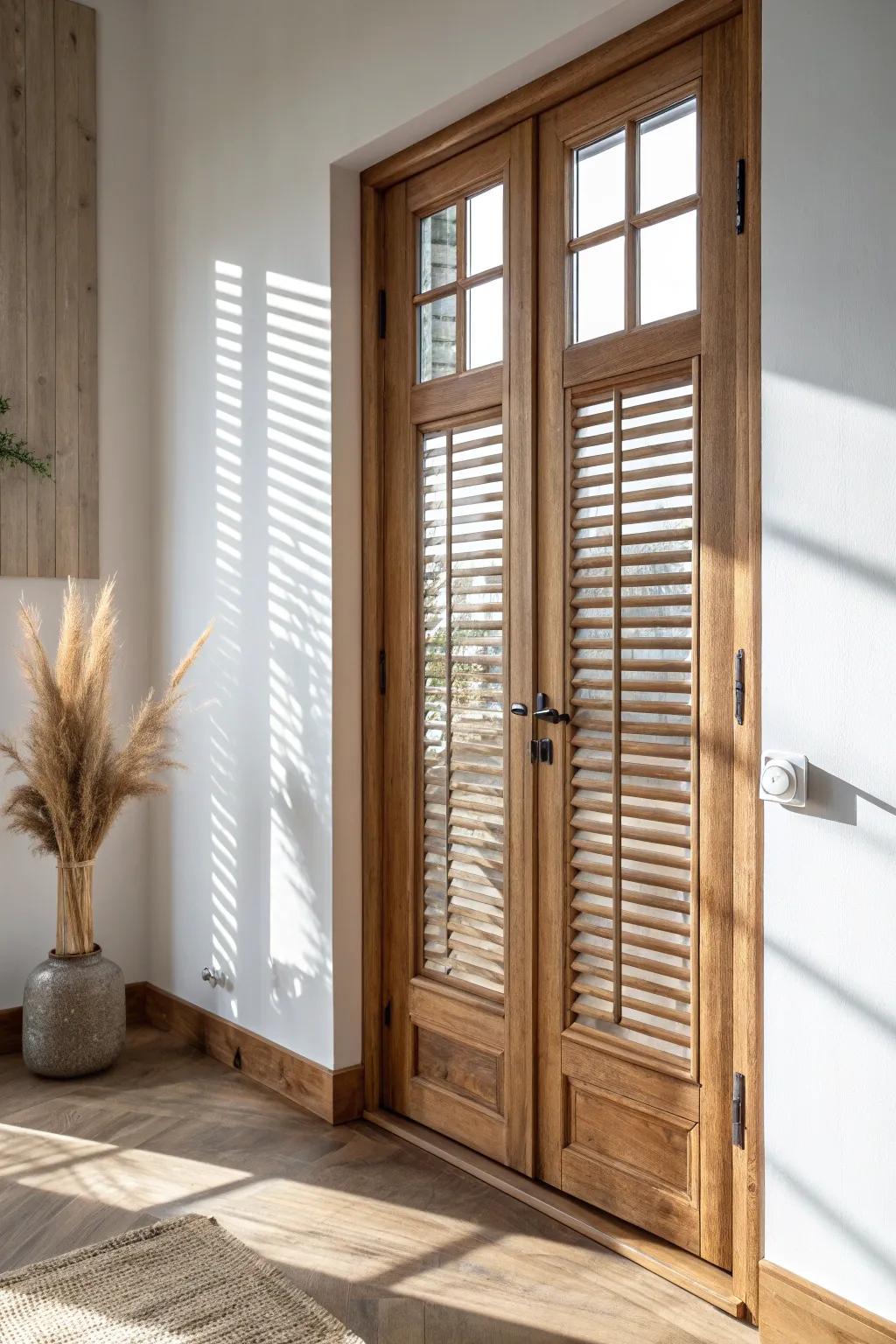 Warm wood plantation shutters add farmhouse structure and adjustable privacy to glass doors.