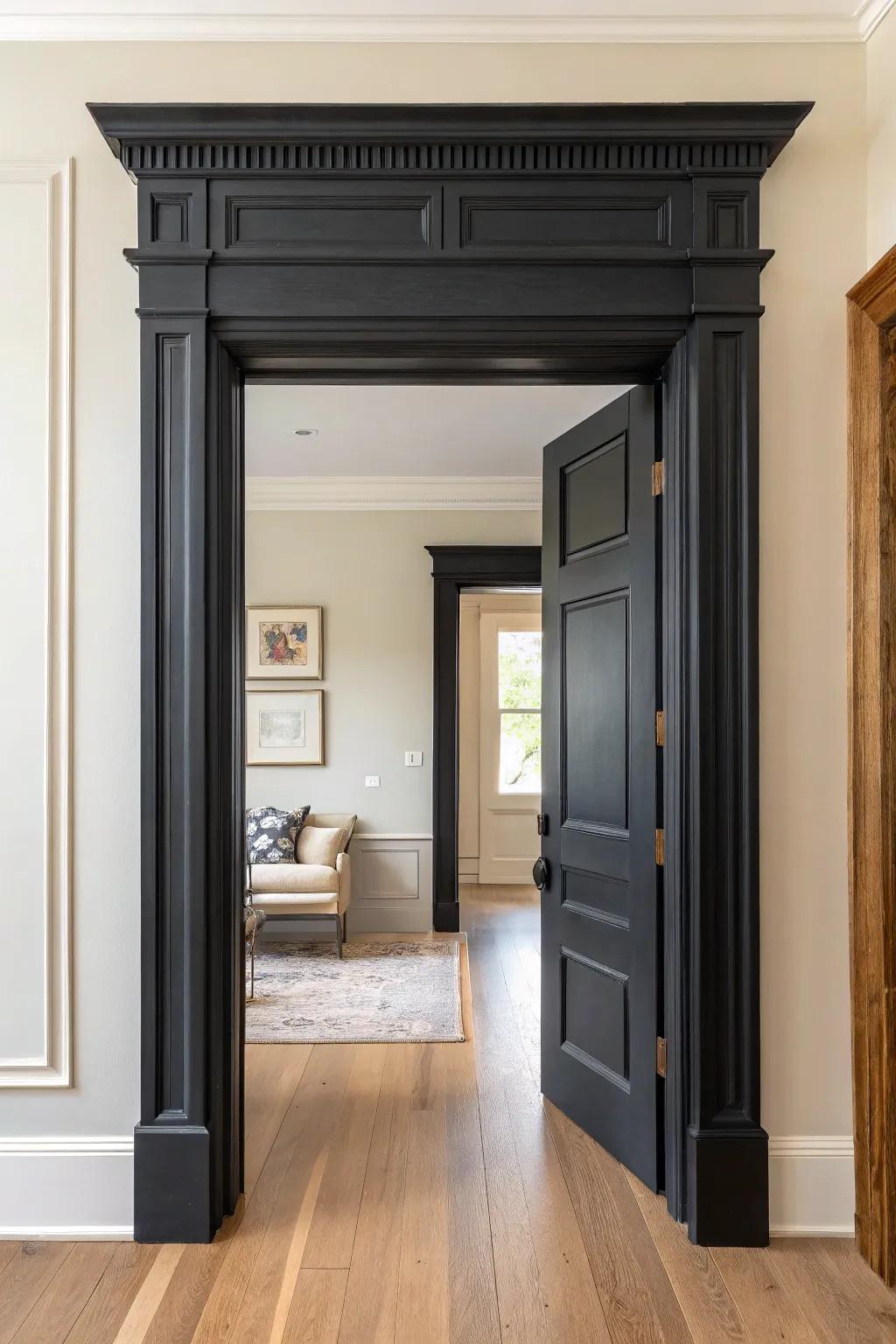 Deep charcoal trim on soft white walls—doorway molding that turns the frame into a feature.