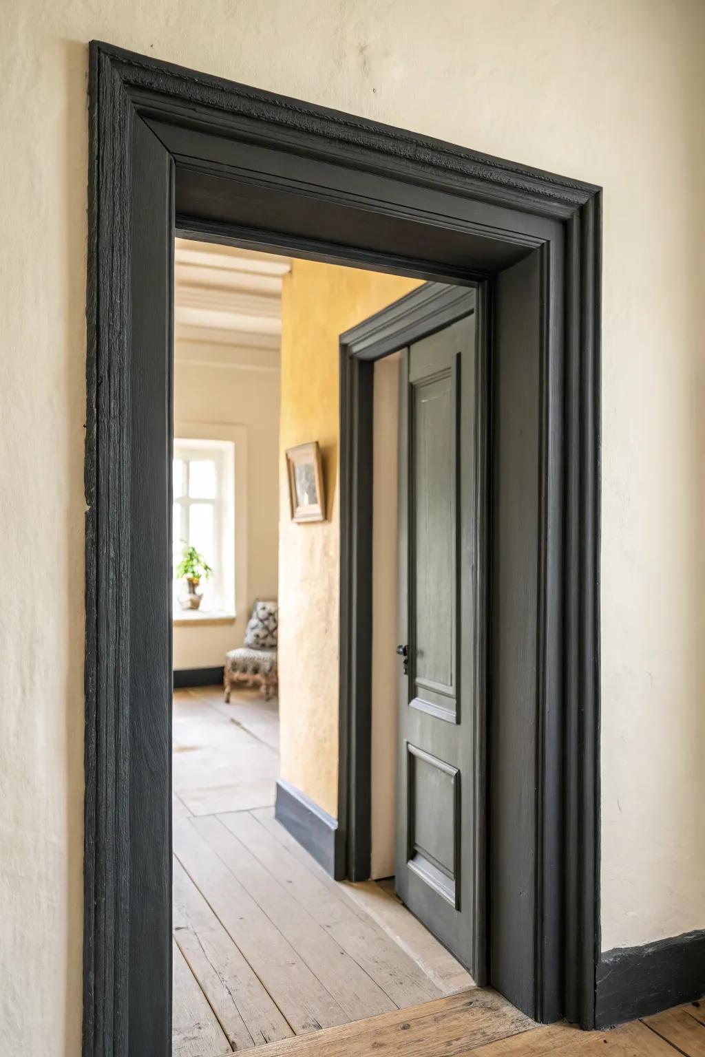 Matte black trim on off-white walls creates a bold, graphic doorway frame with clean lines.