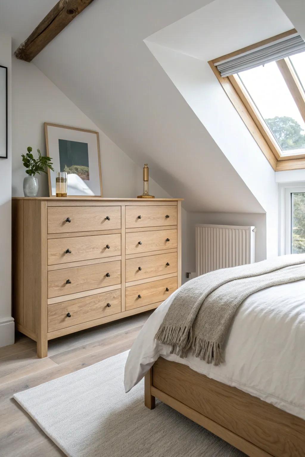 Recess a mini wood dresser into the knee wall for built-in dormer storage without bulk.