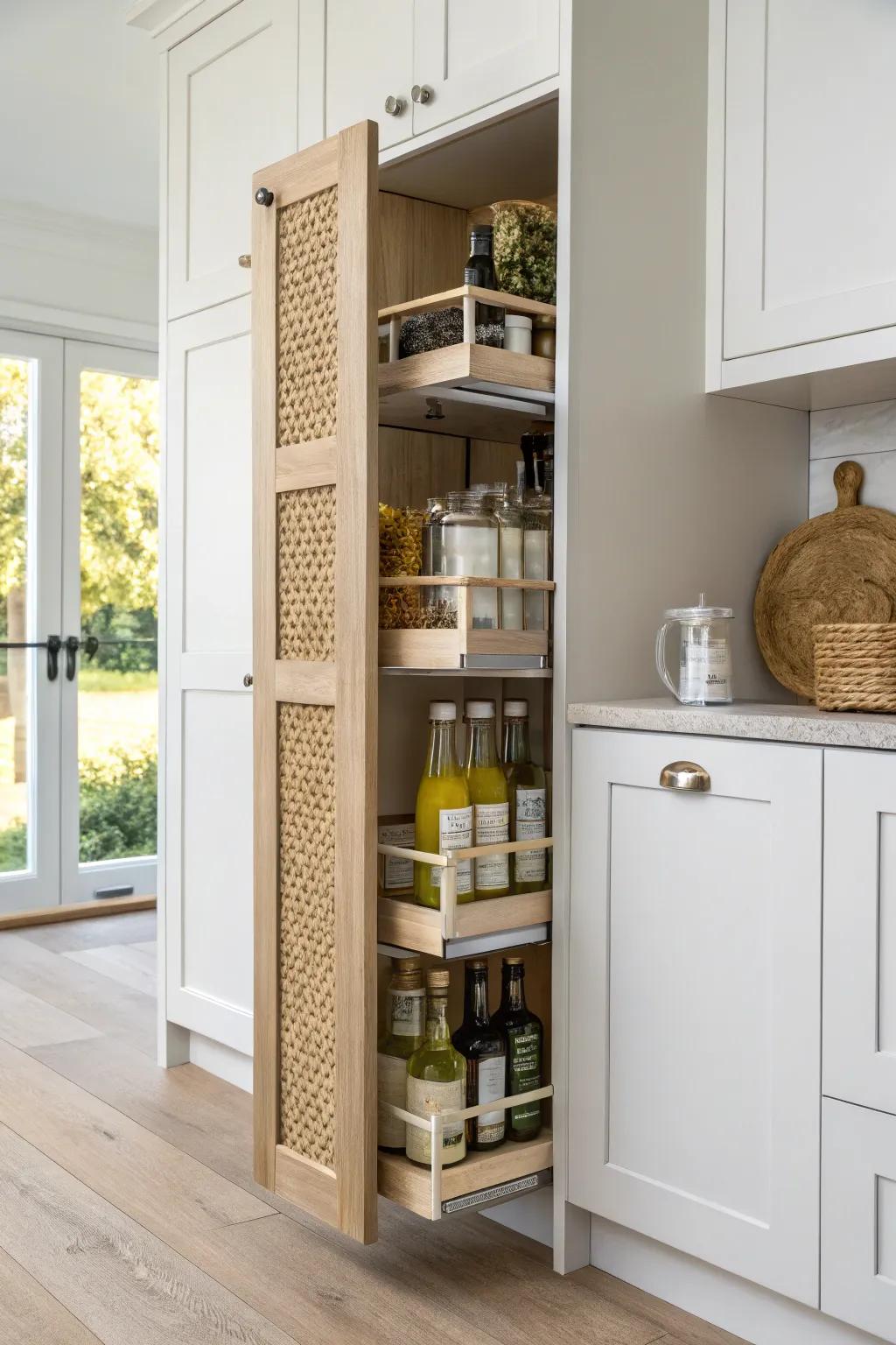 Triple-height pull-out: a tall-items lane for big bottles and paper goods in double-door pantries.
