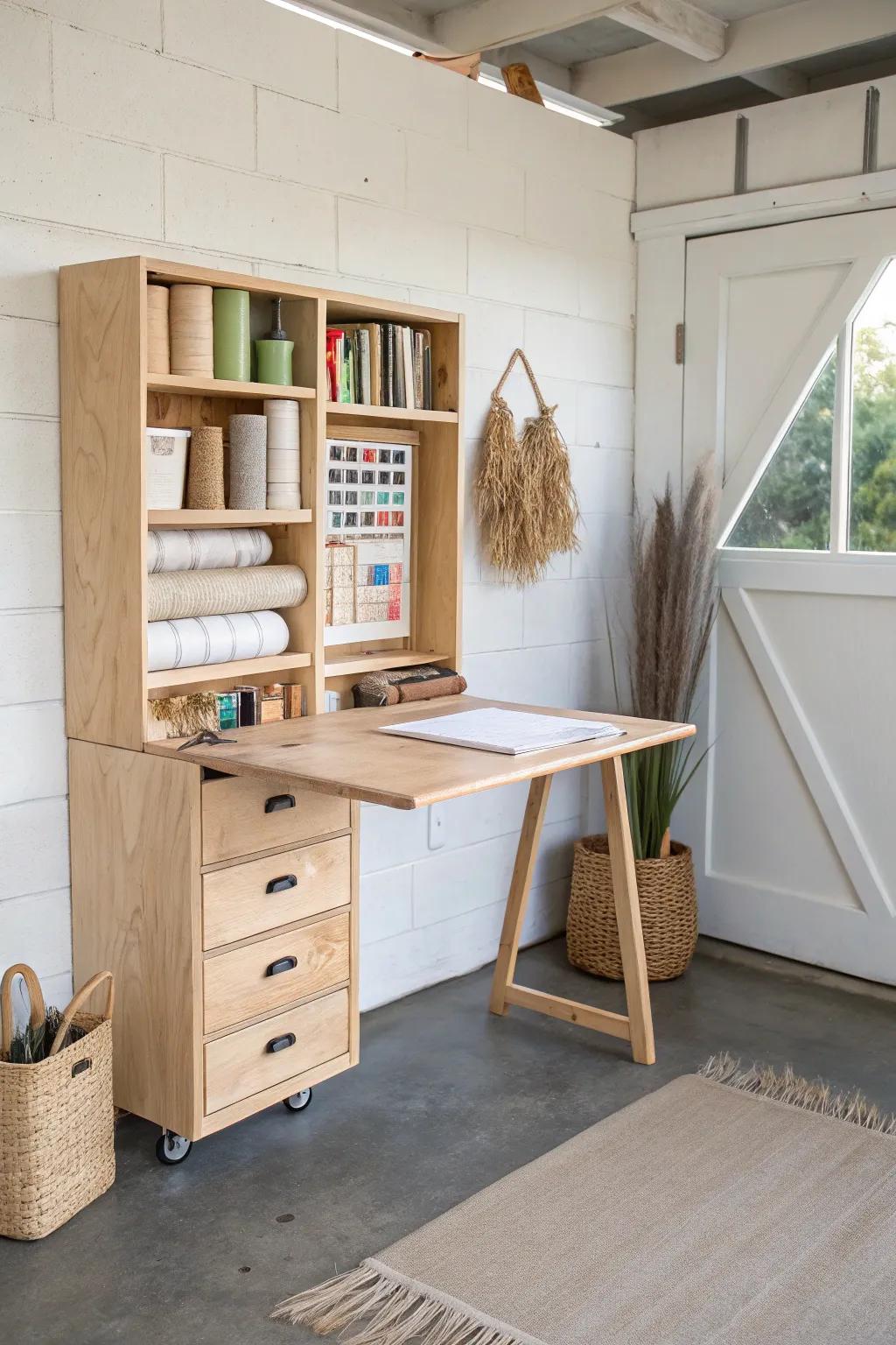 Fold-down birch worktable with hidden storage turns a double garage into a bright craft studio.
