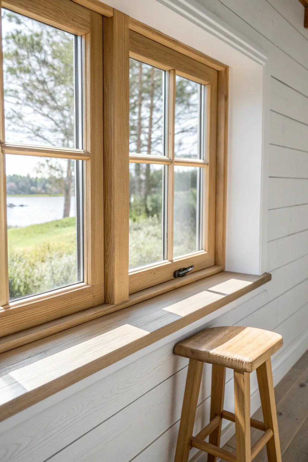 Farmhouse double window trim with slightly proud edges—clean, cozy craftsmanship in light oak.
