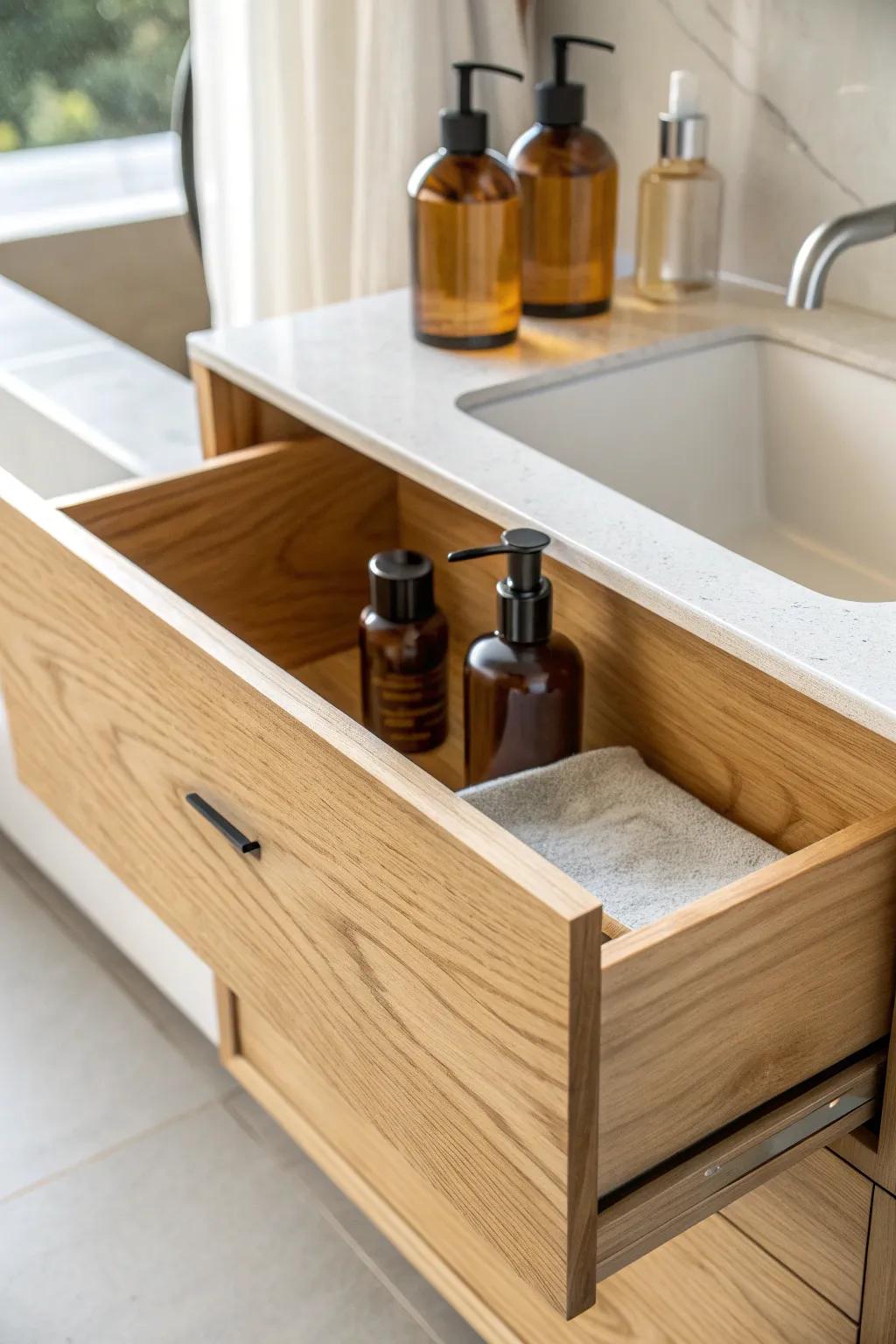Deep wooden drawer bin keeps tall bathroom bottles upright—no more daily domino effect.