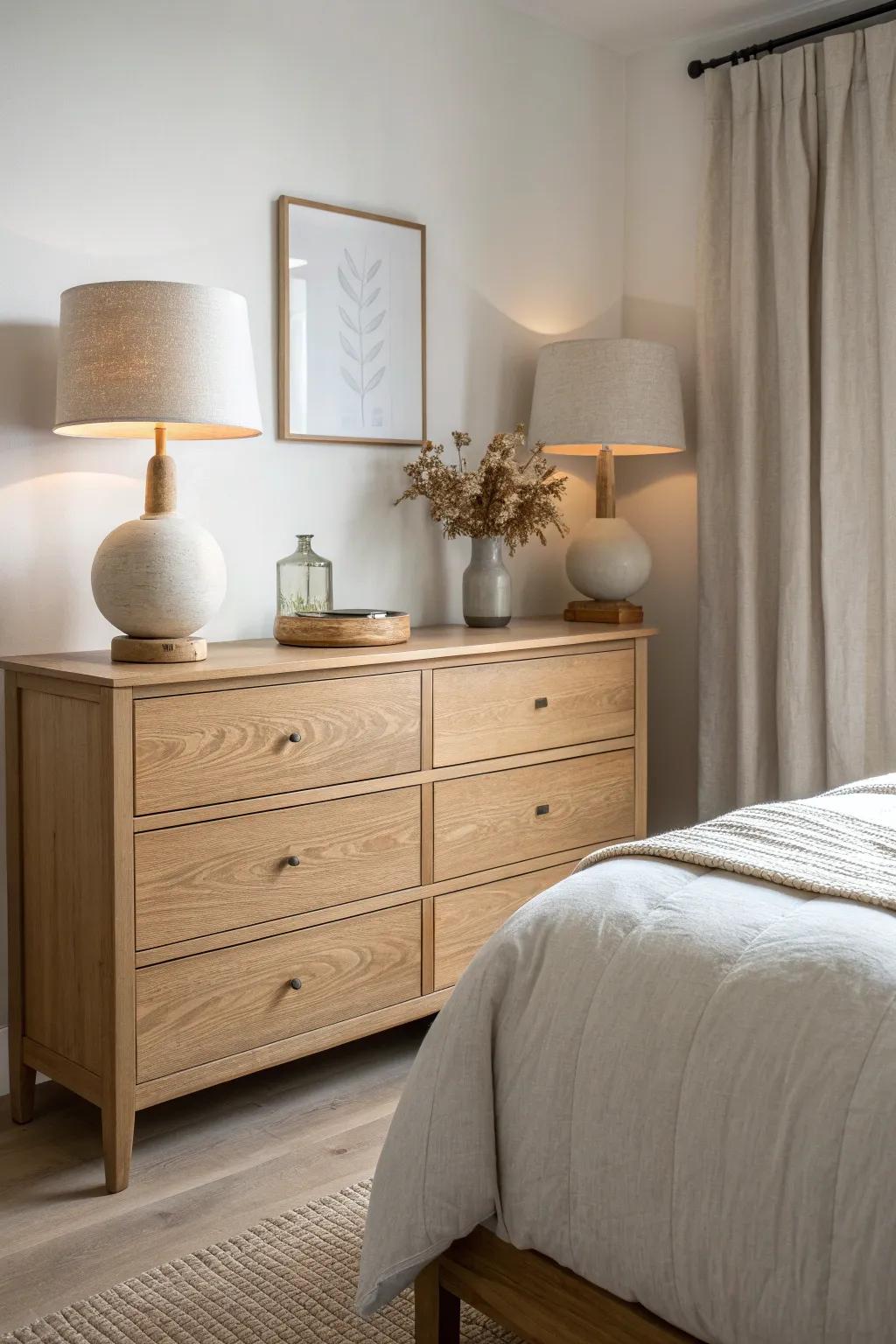 Twin lamps on a foot-of-bed dresser add instant balance and a polished, symmetrical look.