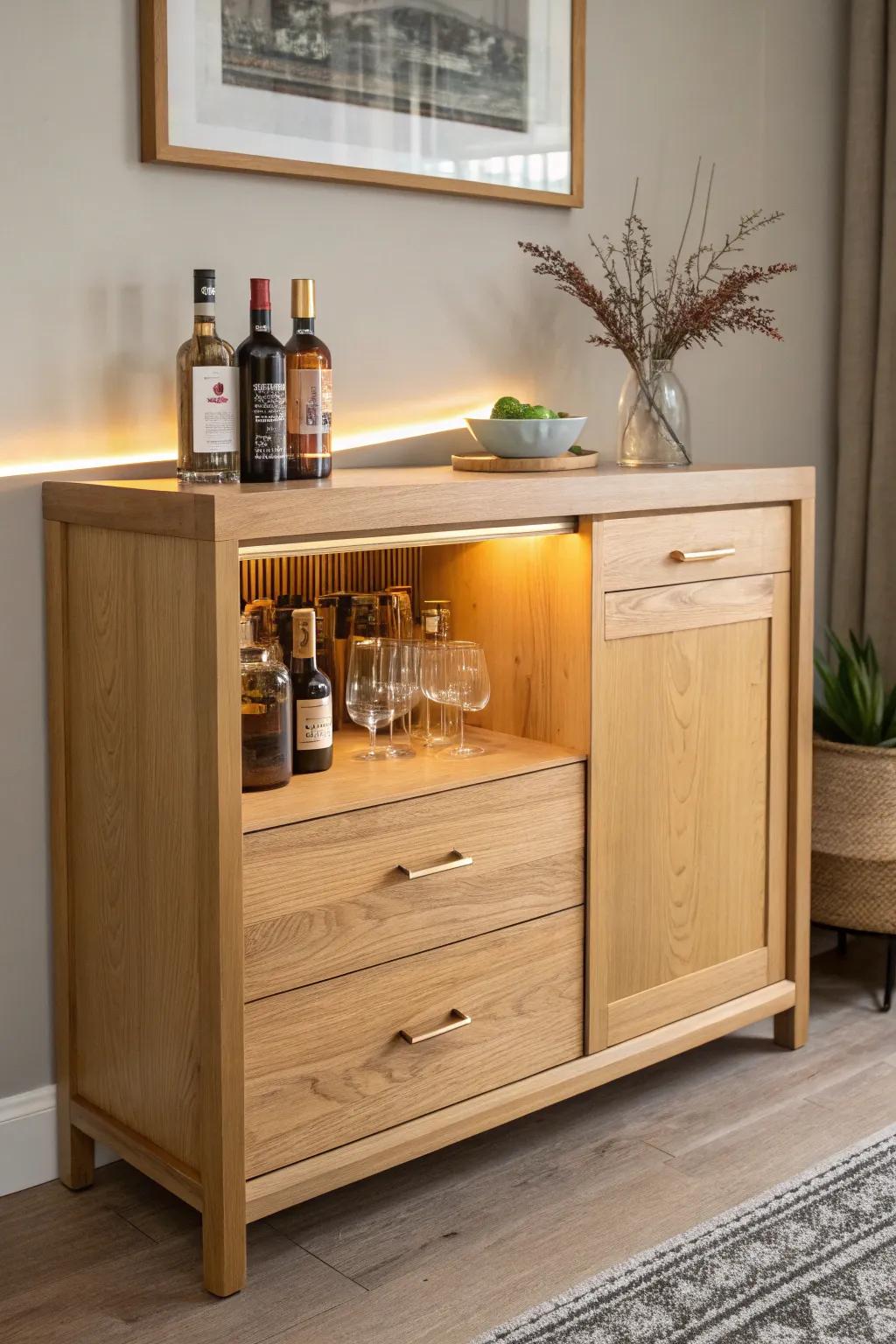Hidden warm LED strips make a wooden dresser bar glow—cozy, minimal, and beautifully crafted.