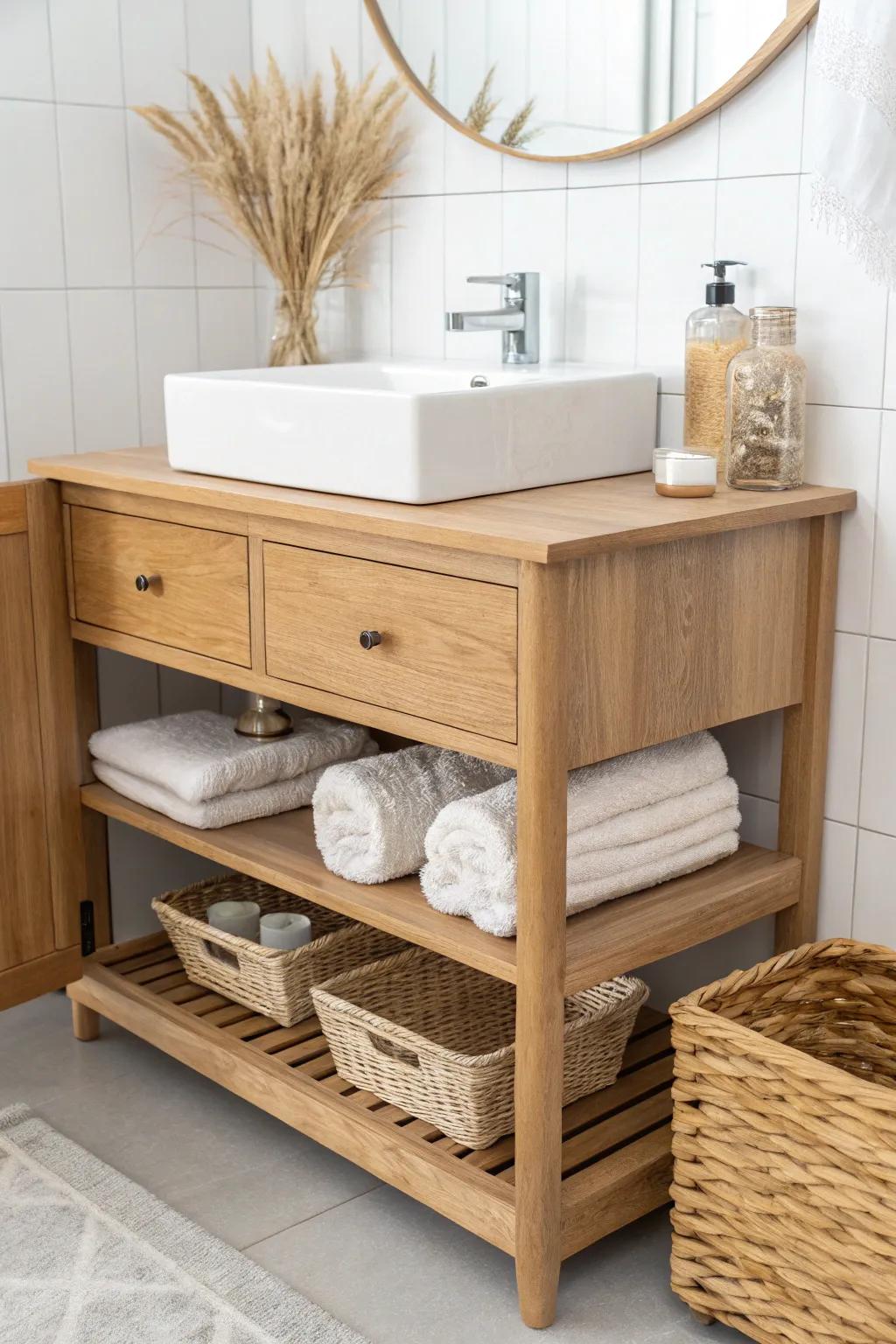 Airy dresser vanity with open shelf space—extra storage without the heavy, bulky look.