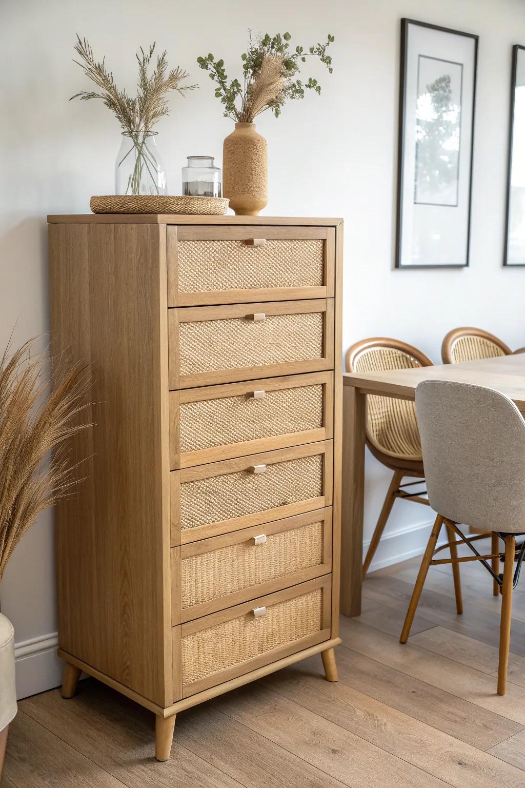 A slim oak dresser adds dining-room storage without stealing space—ideal for tight walkways.
