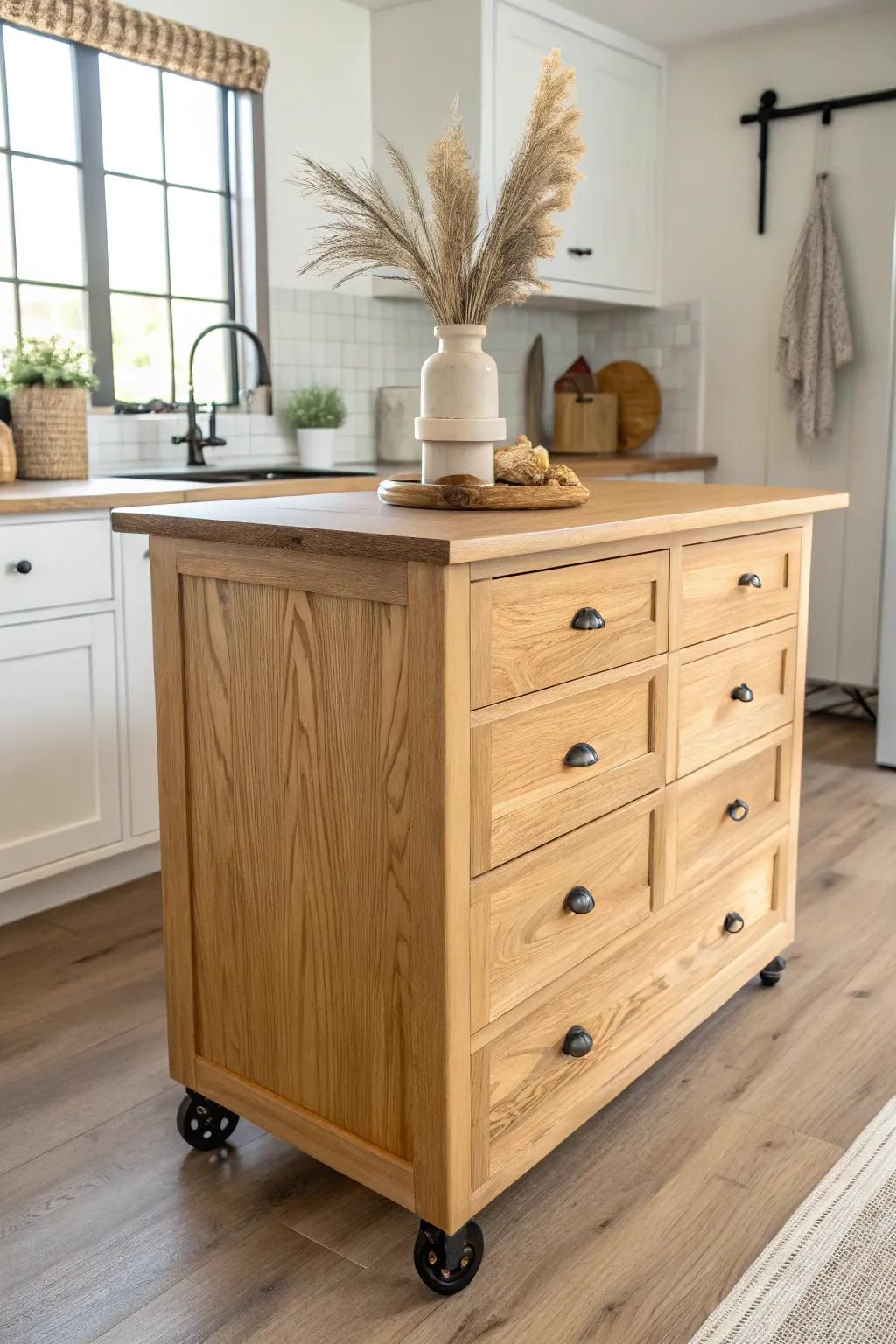 A rolling dresser island with butcher-block top—extra prep space and storage, beautifully mobile.