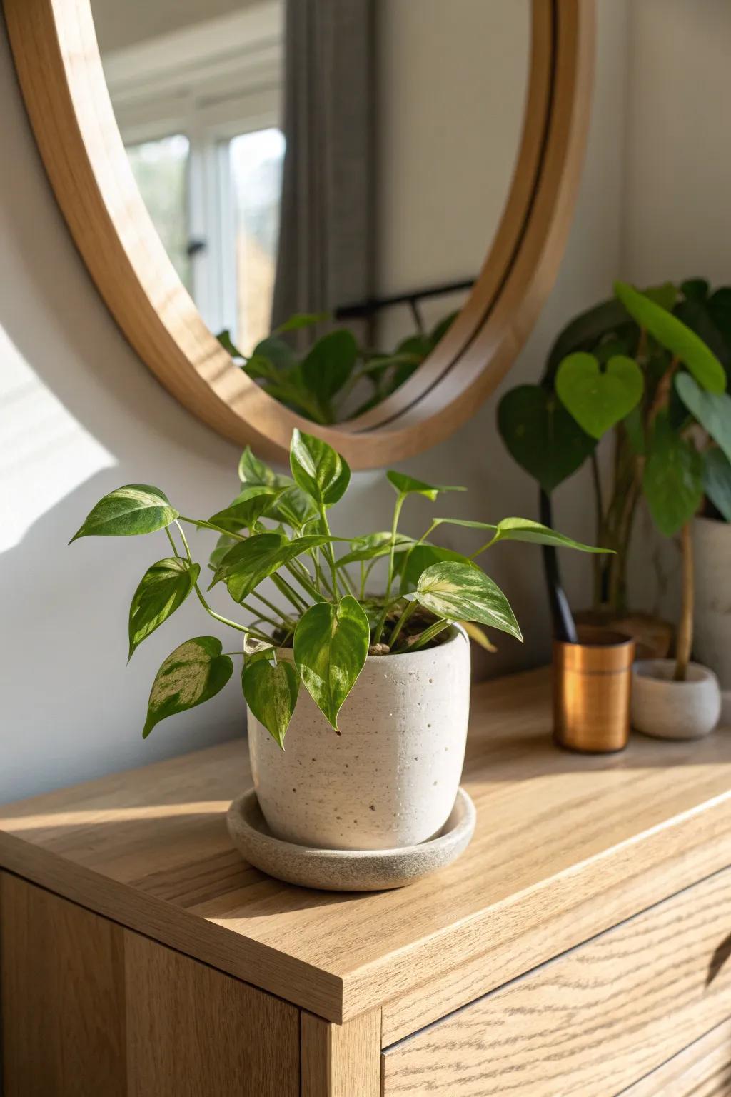 A tiny potted plant by the mirror adds fresh life to a handcrafted wooden dresser.