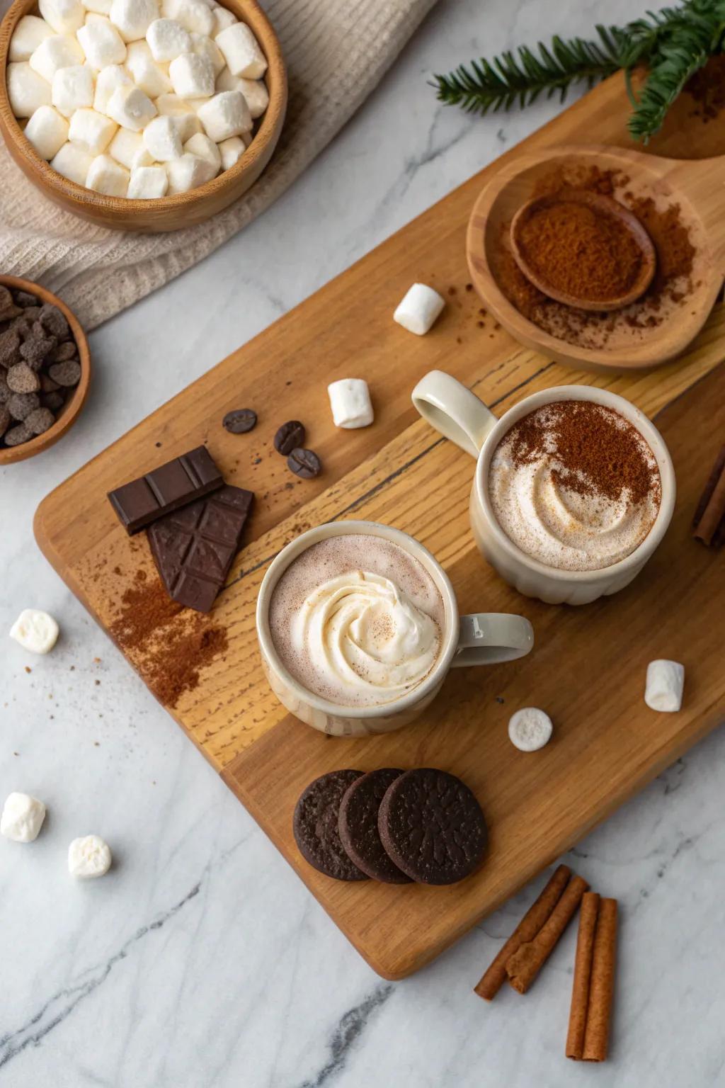 Hot cocoa dessert board on end‑grain wood—marshmallows, peppermint, and cozy winter charm.
