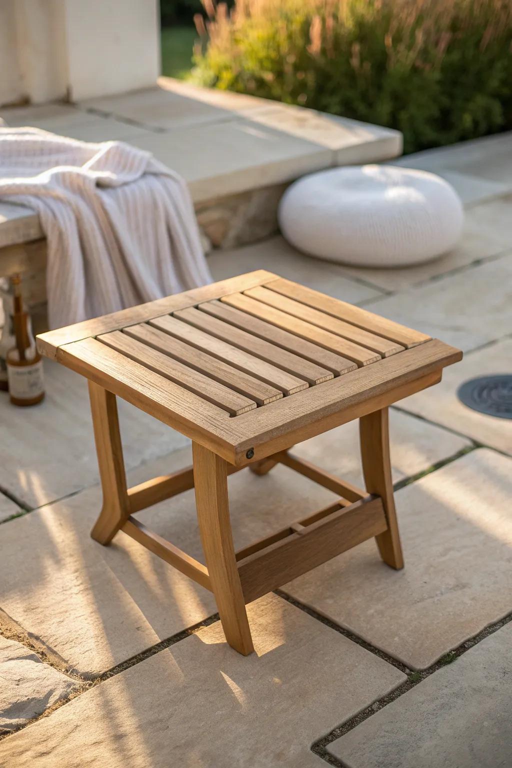Outdoor slat-top drink table: minimalist, water-friendly, and beautifully handcrafted.