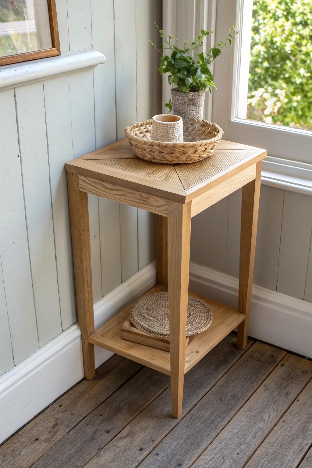 Porch-perfect corner drinks table: space-saving triangle with a tray for condensation.