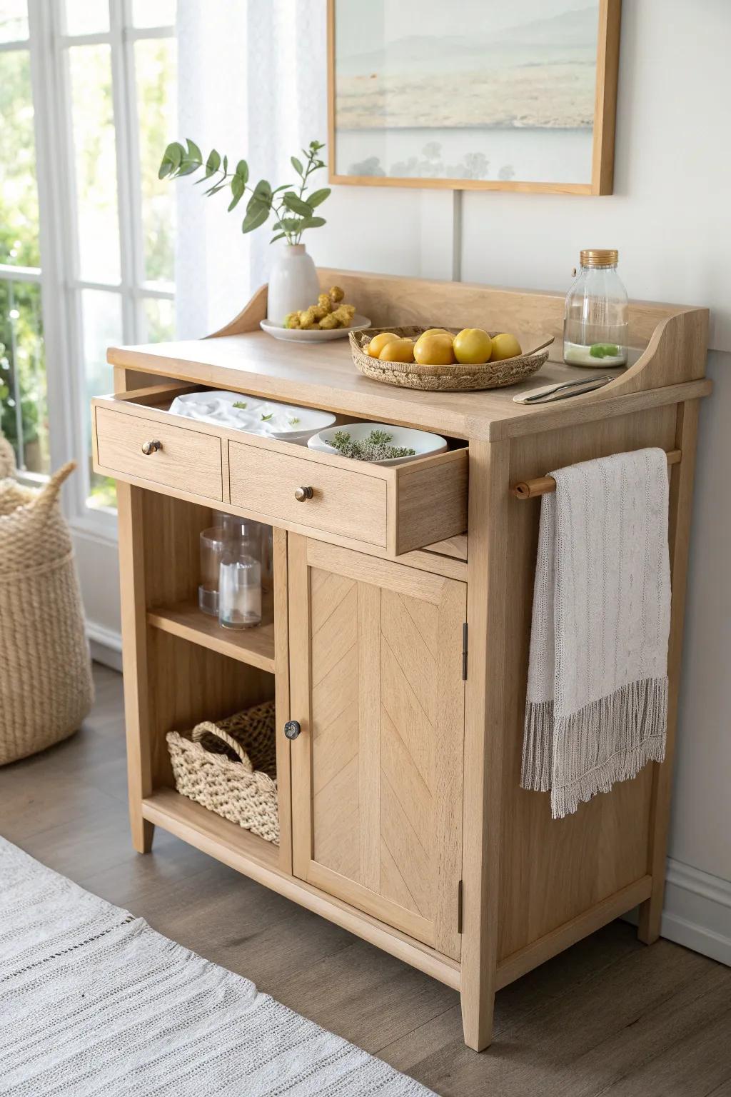 A sleek dry sink bar with a pull-out serving tray—perfect for napkins and garnishes in style.