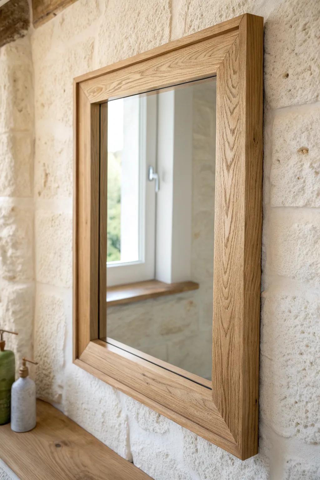 Clean-lined oak mirror frame adds earthy warmth—let the grain be the décor.