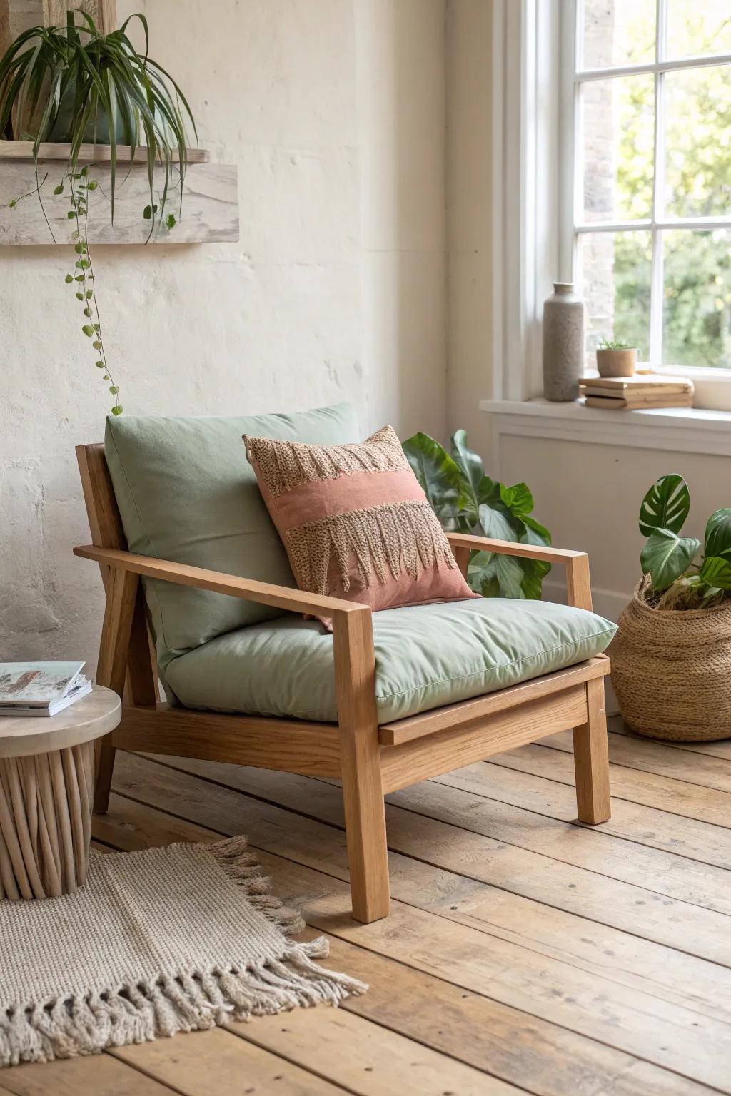 Soft sage, clay, and camel pillows make light oak furniture feel instantly earthy.